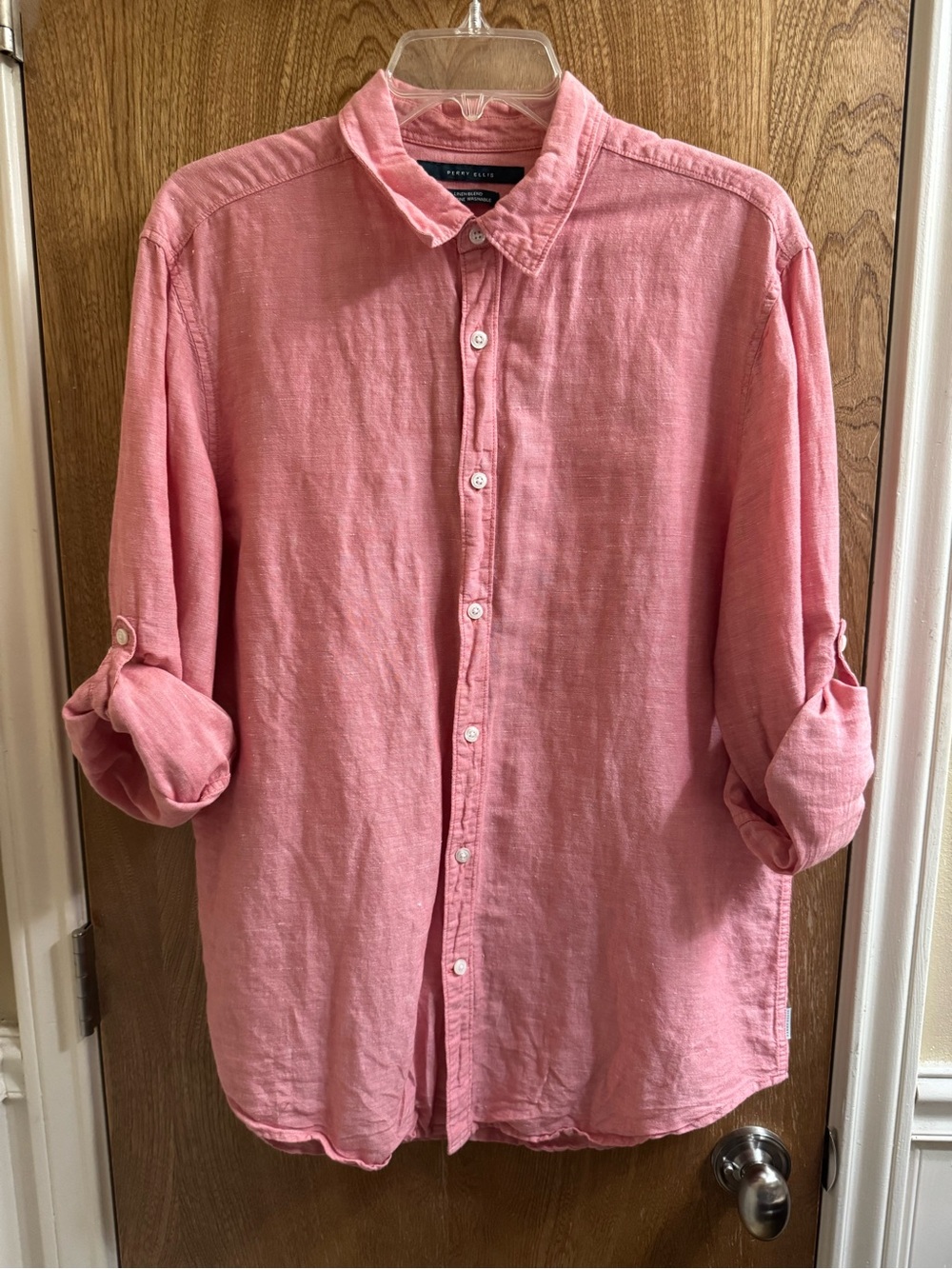 Perry Ellis Linen Blend Long Roll Tab Sleeve Button Down Men's Shirt Pink Large